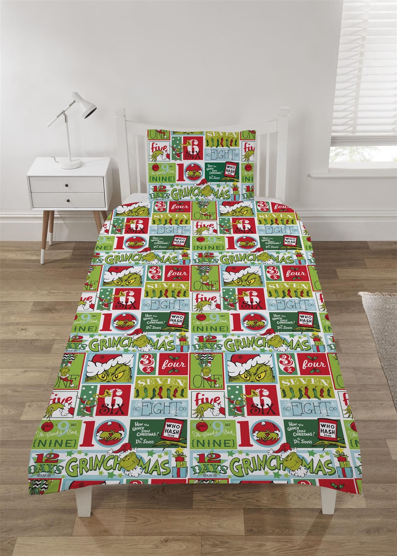 HomeSpace Direct The Grinch 12 Days of Christmas Duvet Cover Set Bedding in Green