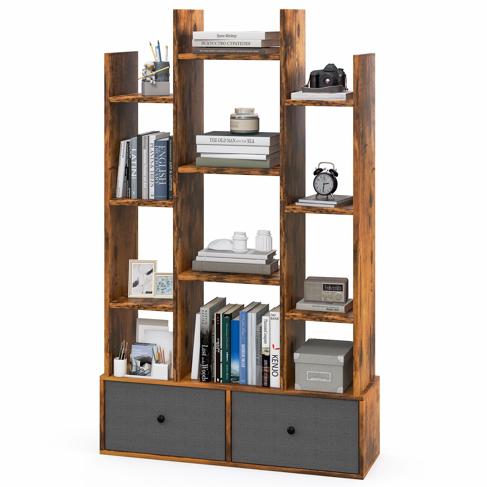 Costway 12 Tier Bookshelf Open Storage Wood Bookcase Organizer Display Shelf in Brown