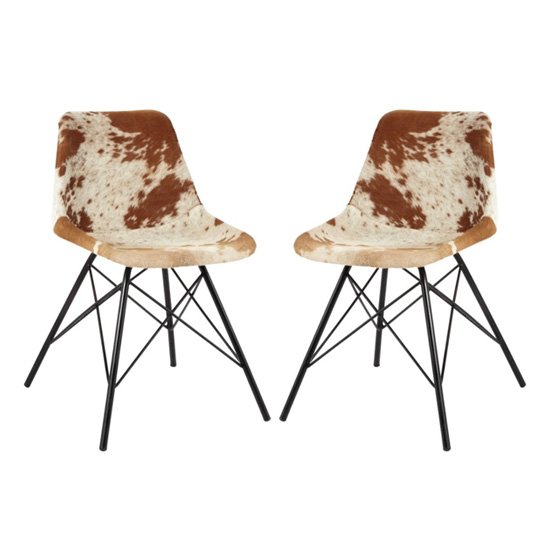 Catila Cowhide Faux Leather Dining Chairs In Pair