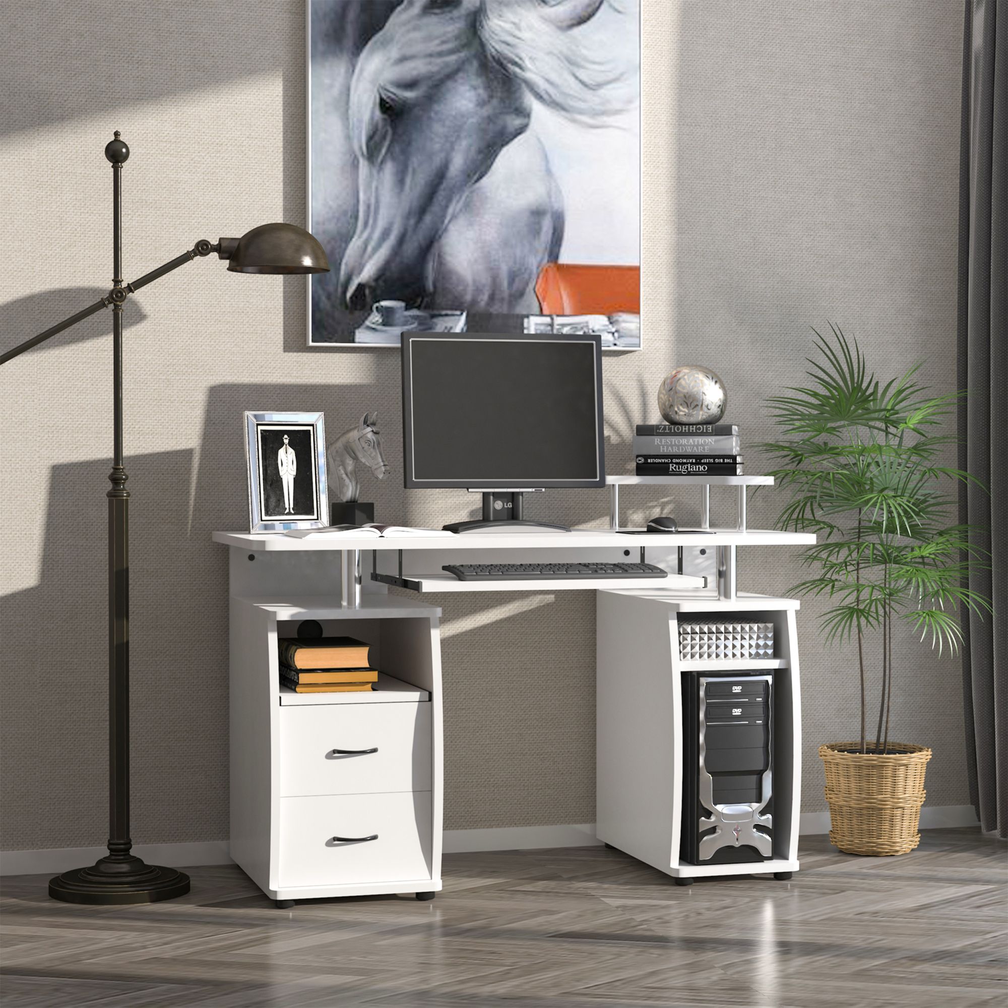 HOMCOM Computer Office Desk Table Workstation w/ Keyboard Tray, Drawer in White