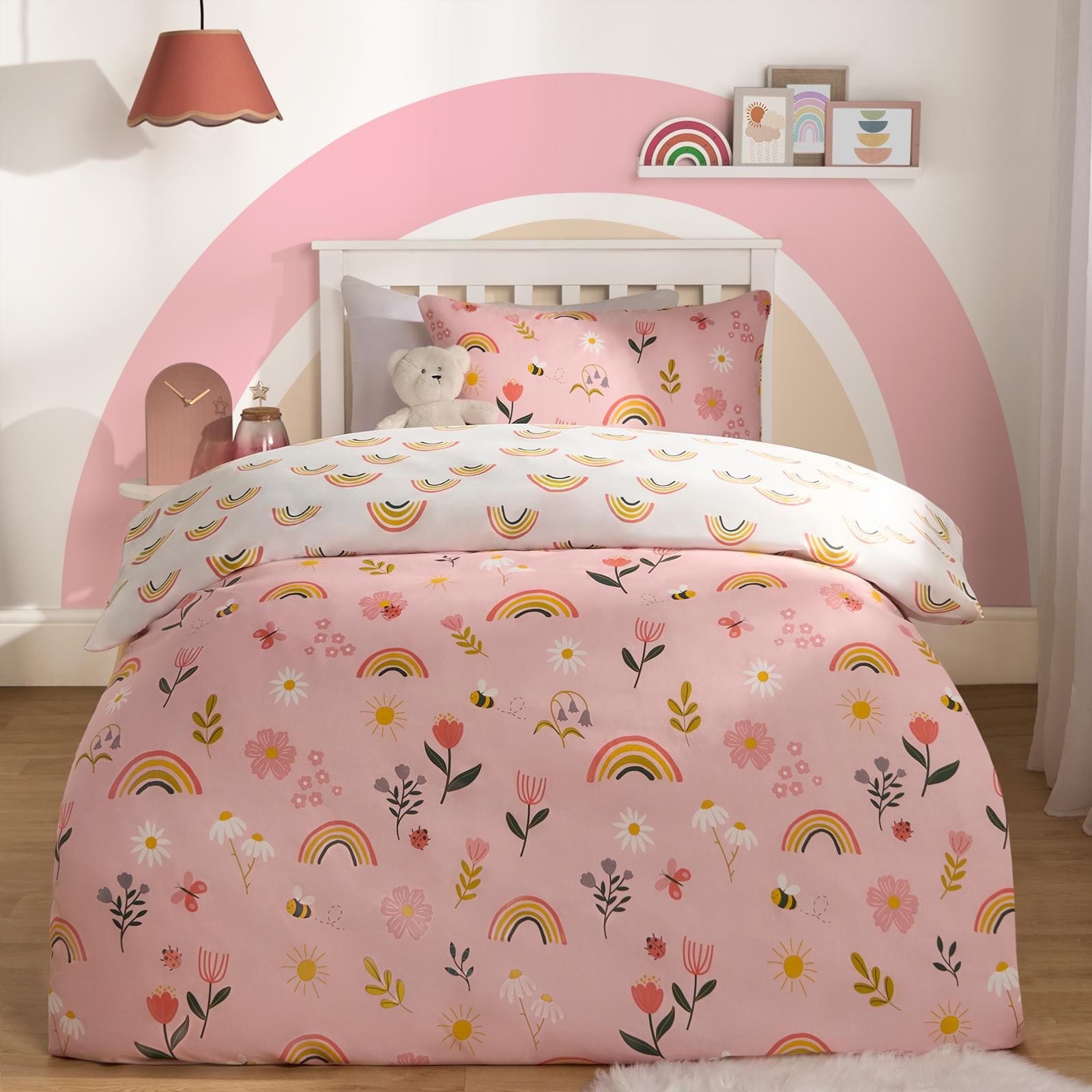 OHS Floral Duvet Cover Bedding Set Pillowcases Rainbow Revesible Quilt in Pink