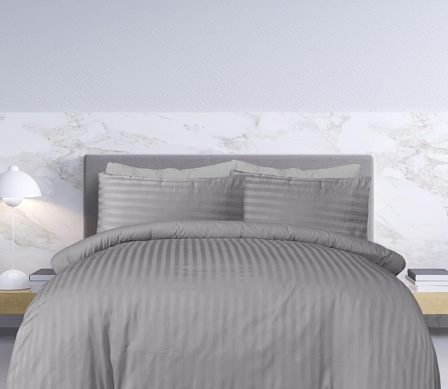 Smart Living Luxury Satin Stripe Reversible Duvet Cover Bedding Set with Pillowcase in Grey