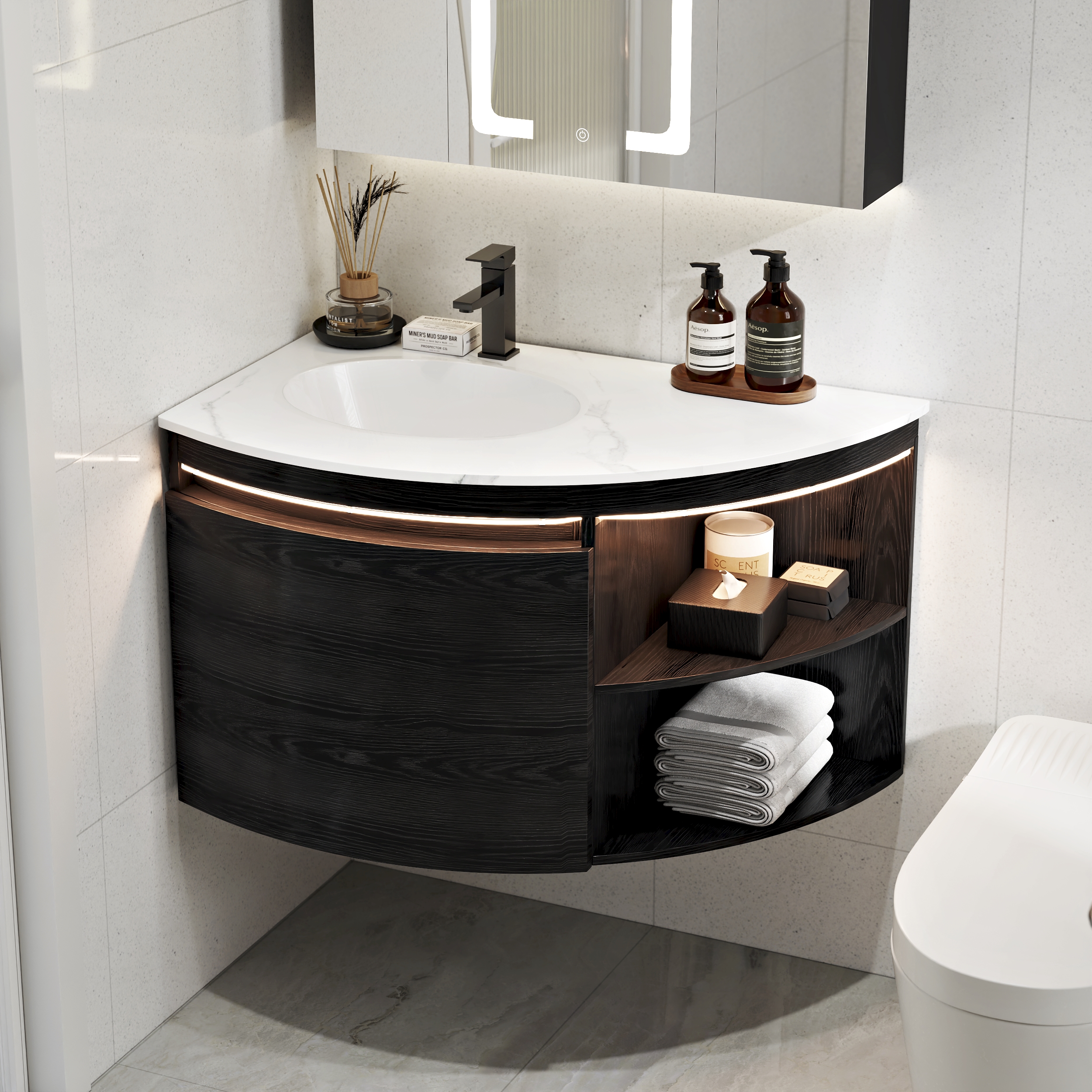 910mm Corner Bathroom Vanity with Storage & LED Sensor Light