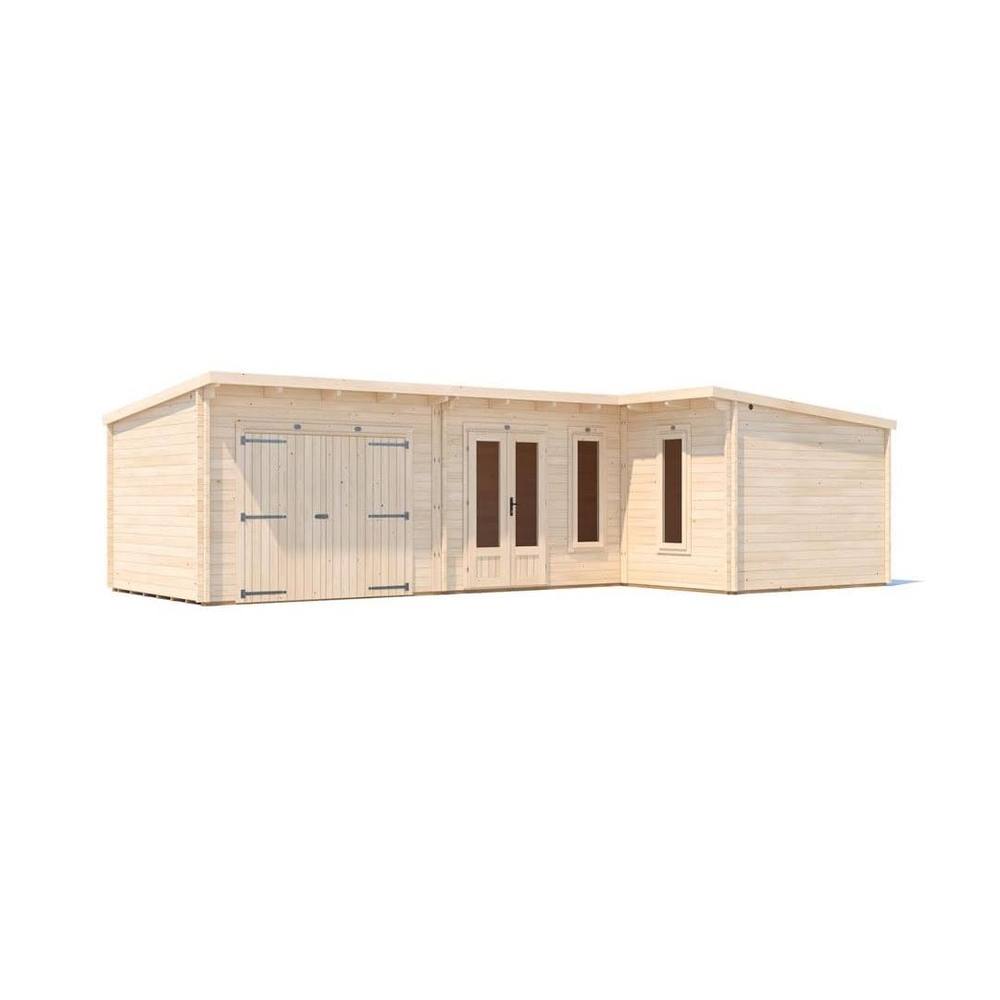 Dunster House L-Shaped Log Cabin W9m x D5m / 29' x 16'6" Pent, 24mm, DG - HellWolf in Brown