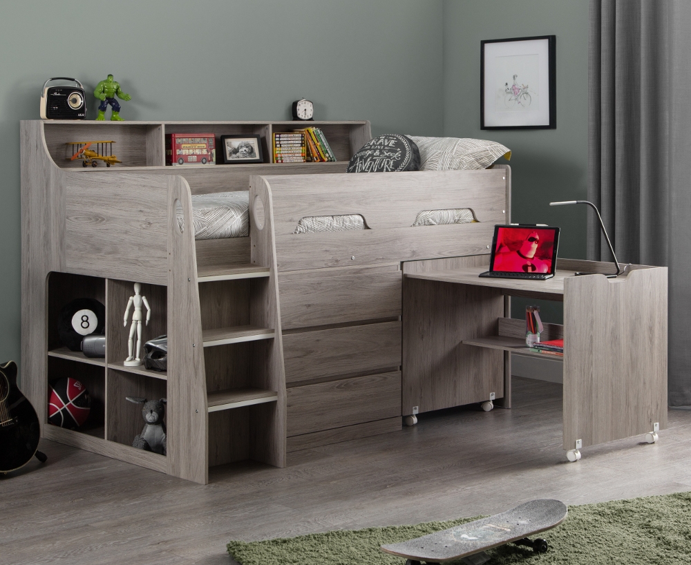 Jupiter Grey Oak Wooden Mid Sleeper Cabin Bed Frame - 3ft Single