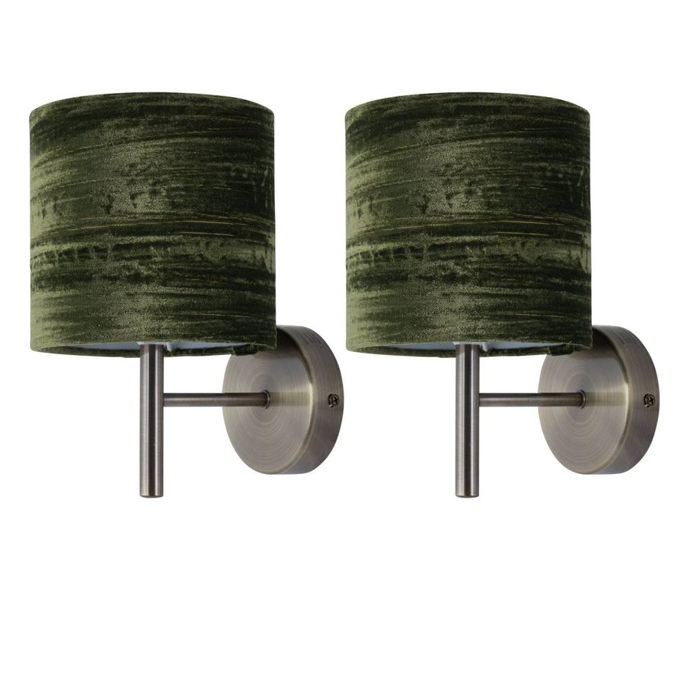 First Choice Lighting Set of 2 Brea - Antique Brass Wall Lights with Green Velvet Shades in Gold