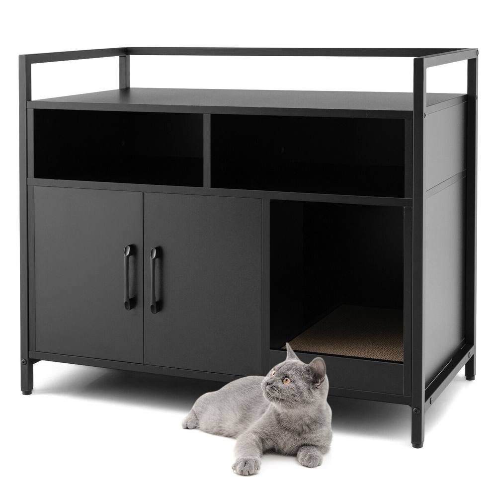 Costway Large Cat Litter Box Enclosure Furniture Wooden Kitty Washroom Hidden Cabinet in Black