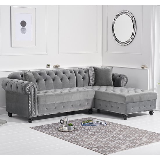 Bicasto Velvet Right Handed Chaise Corner Sofa In Grey