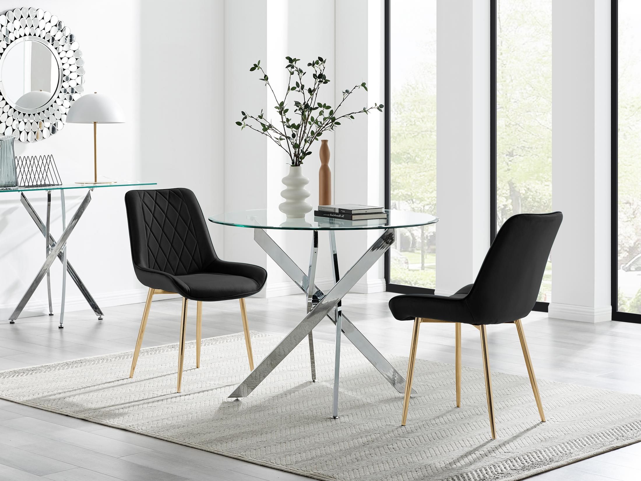 FurnitureboxUK Novara 100cm Round Dining Table & 2 Pesaro Gold Leg Chairs in Black