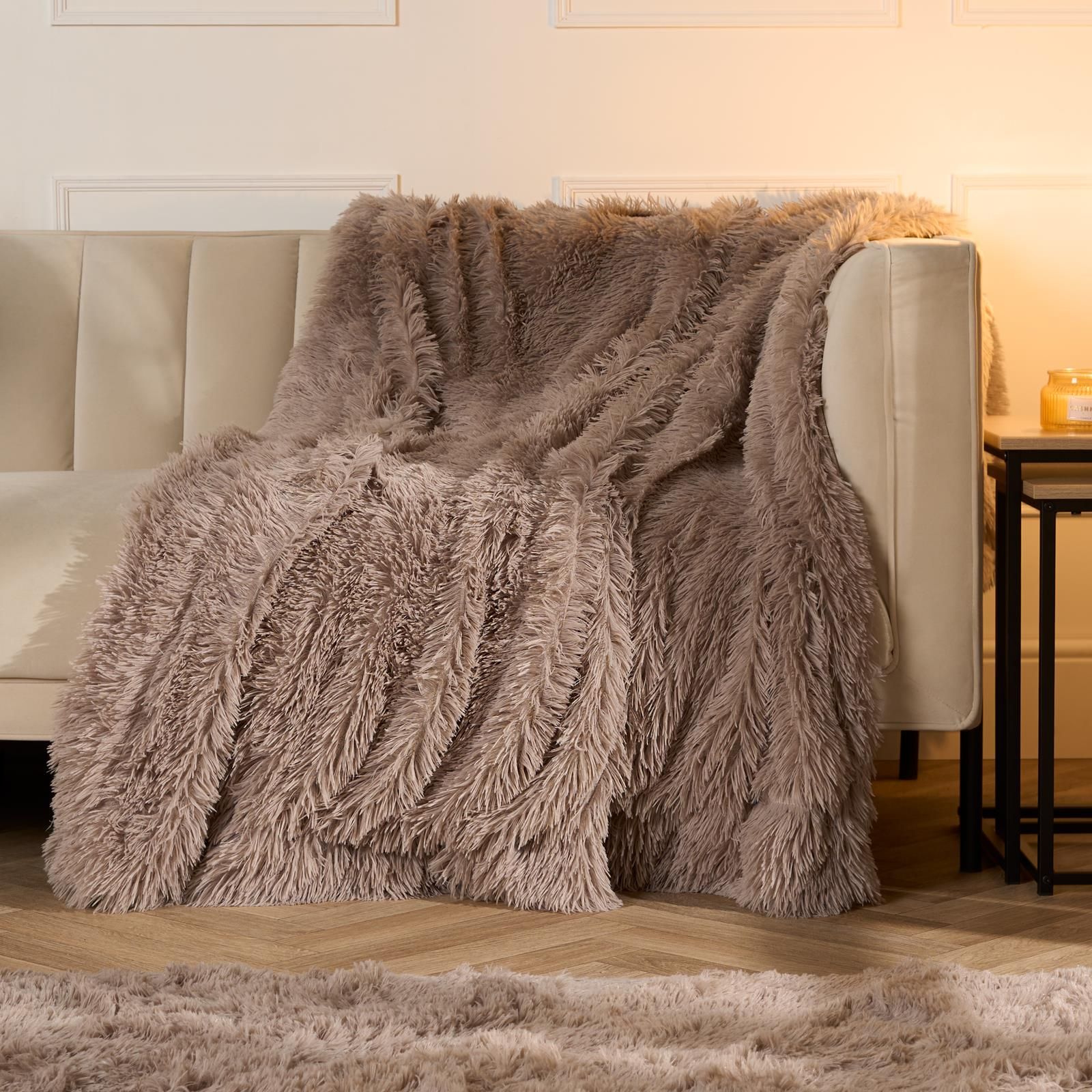 OHS Ultra Soft Fluffy Fleece Throw Luxurious Bed Blanket in Natural