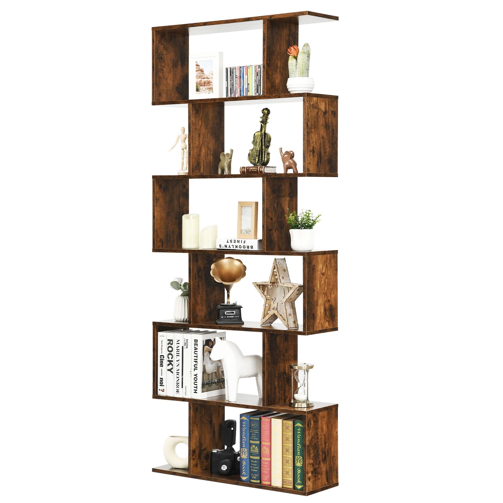 Costway 6-tier Bookcase Industrial S-Shaped Bookshelf Wooden Storage Display Rack in Brown