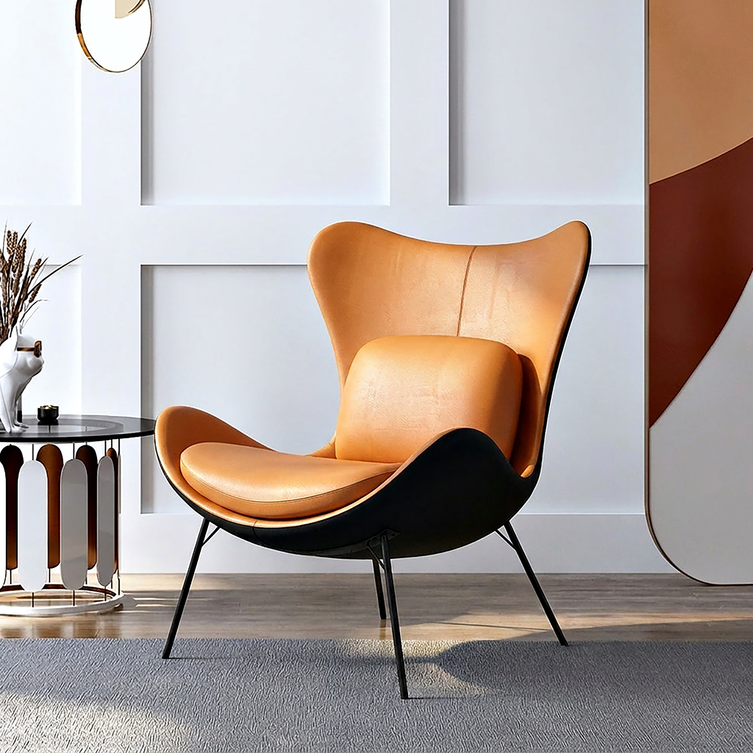 Leather Upholstered Wingback Accent Chair with Pillows