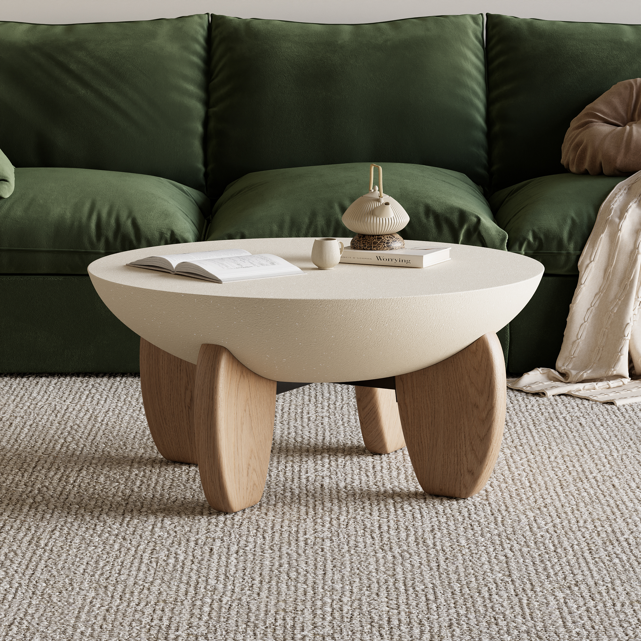 Curva Round Concrete Natural Coffee Table with Wood Legs
