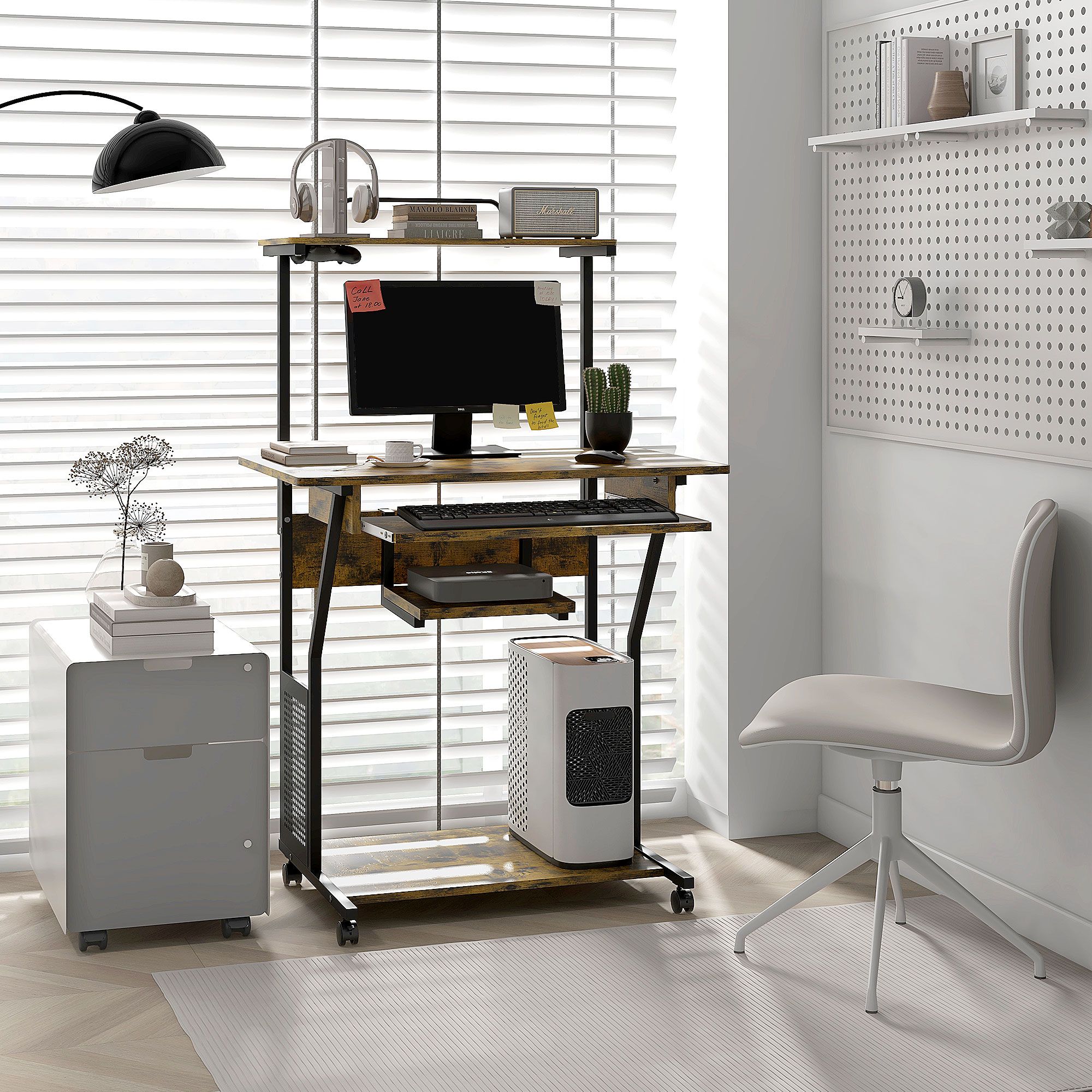 HOMCOM Mobile Computer Desk Industrial Study Table with Storage Shelves in Dark Brown