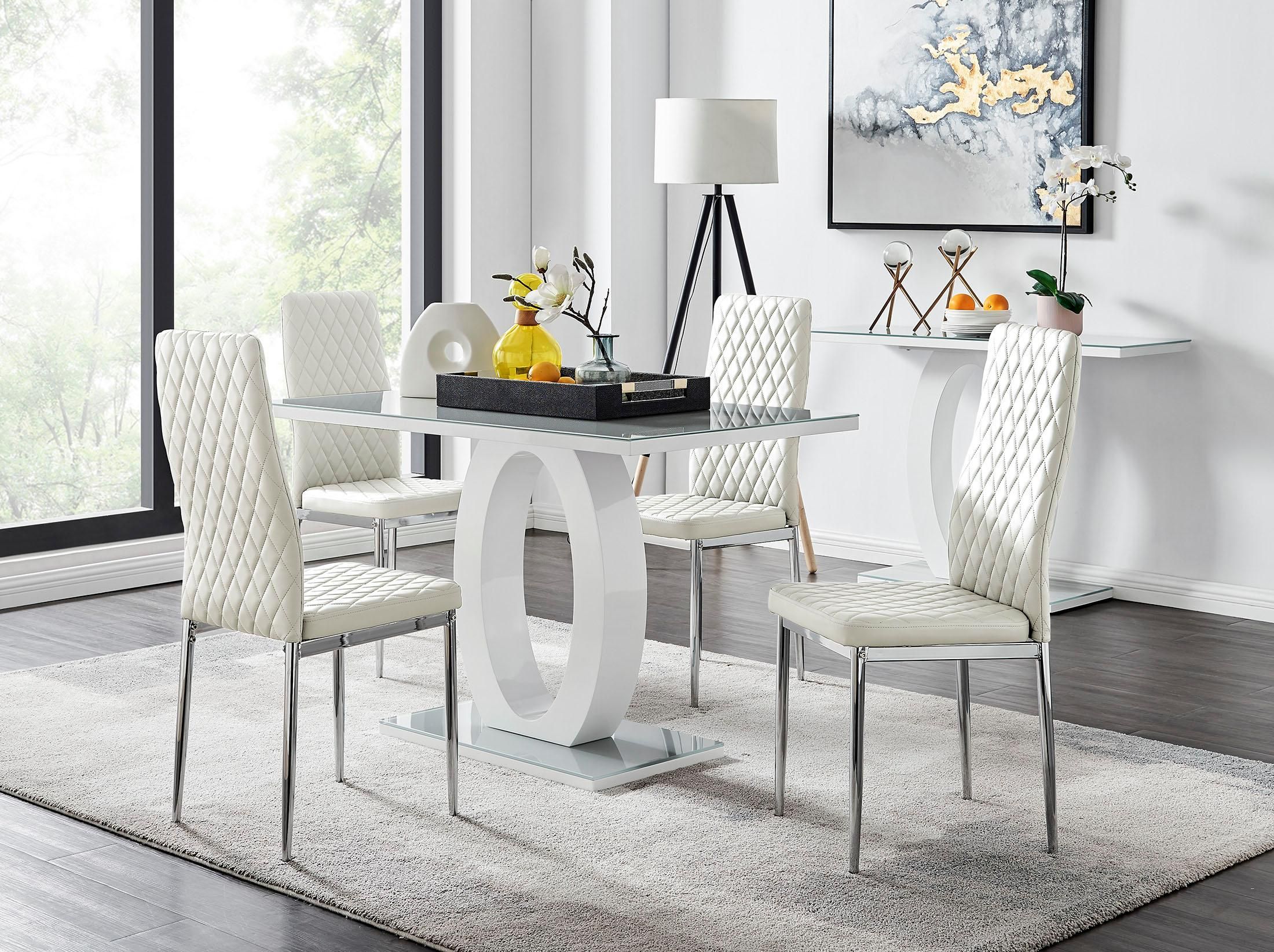 FurnitureboxUK Giovani Grey White Modern High Gloss & Glass Dining Table & 4 Milan Chairs Set in Off-White