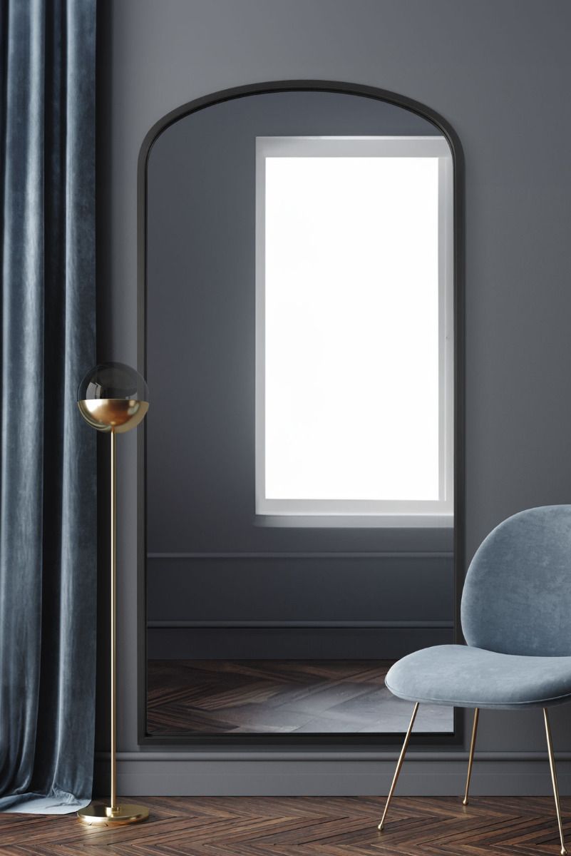 MirrorOutlet Black Metal Framed Arched Wall Leaner Mirror 67"x33" (170x85CM)
