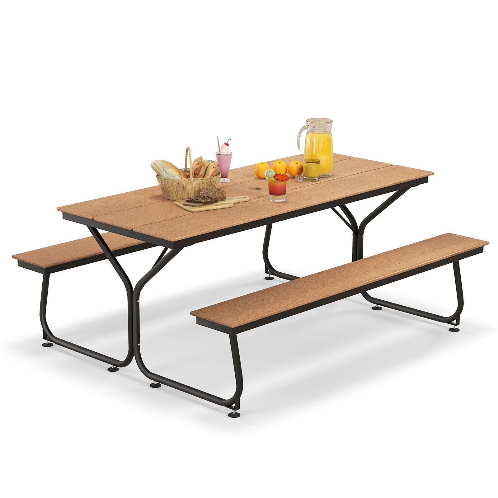 Costway Outdoor Dining Table & 2 Benches Picnic Table Bench Set w/ Umbrella Hole in Brown