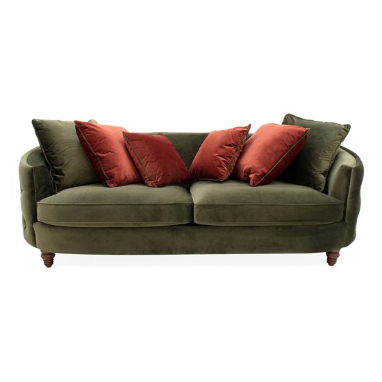 Jools Velvet 3 Seater Sofa In Olive With Scatter Cushions