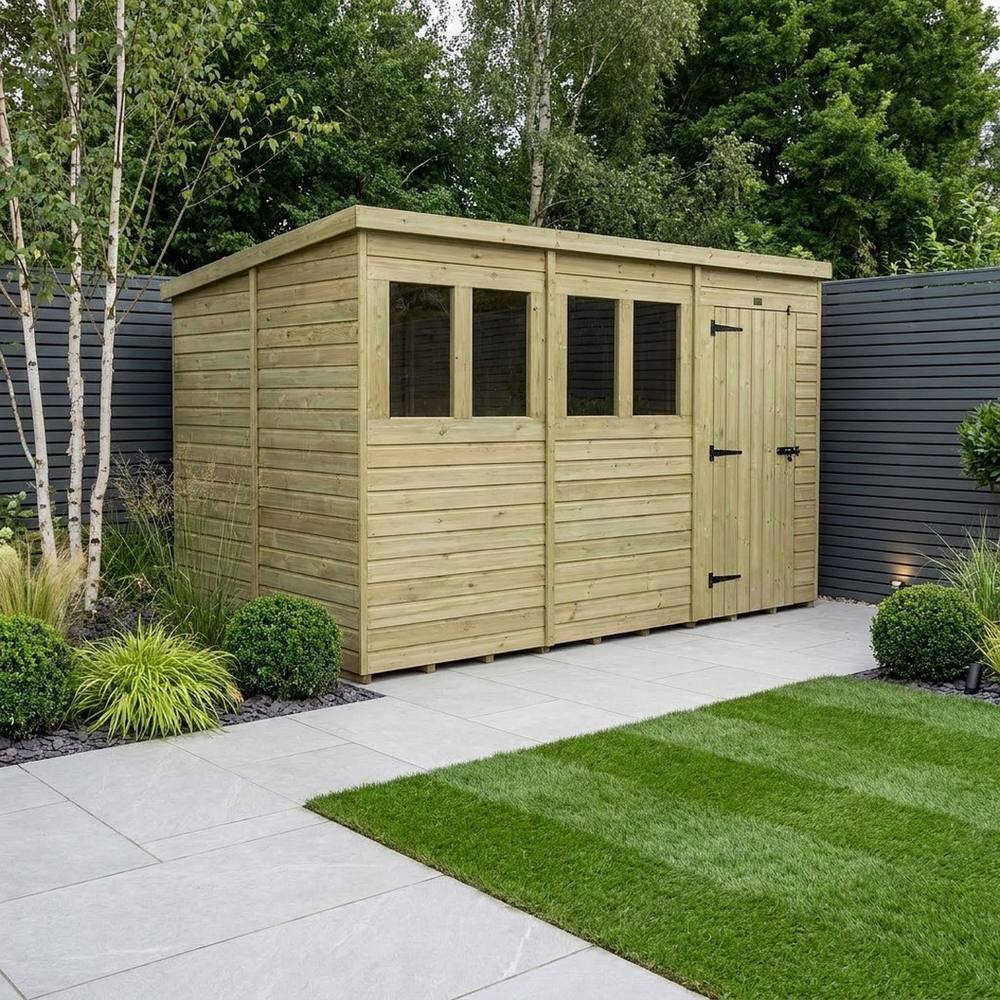 Buttercup Farm 12ft x 9ft Pent Garden Shed Single Door With Windows - Timber in Brown 2