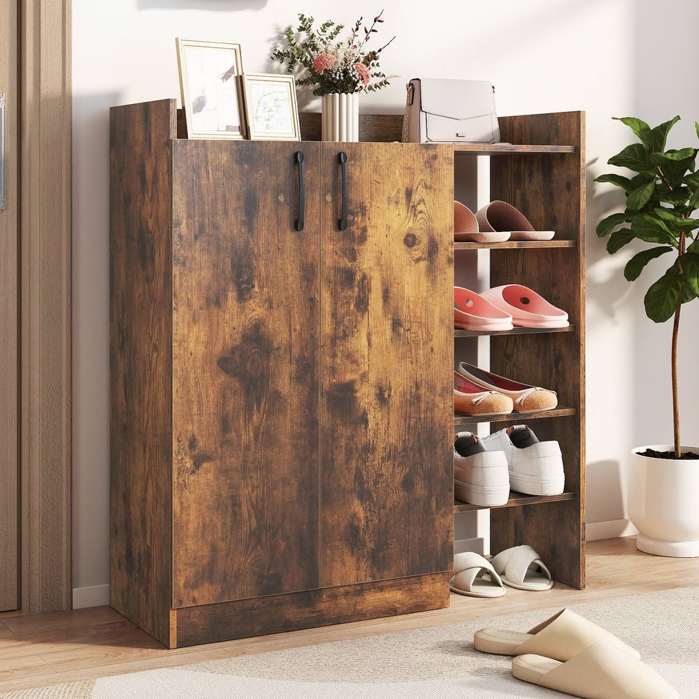 Costway Industrial Shoe Cabinet Shoe Wooden Storage Organizer w/4 Open Shelves in Brown