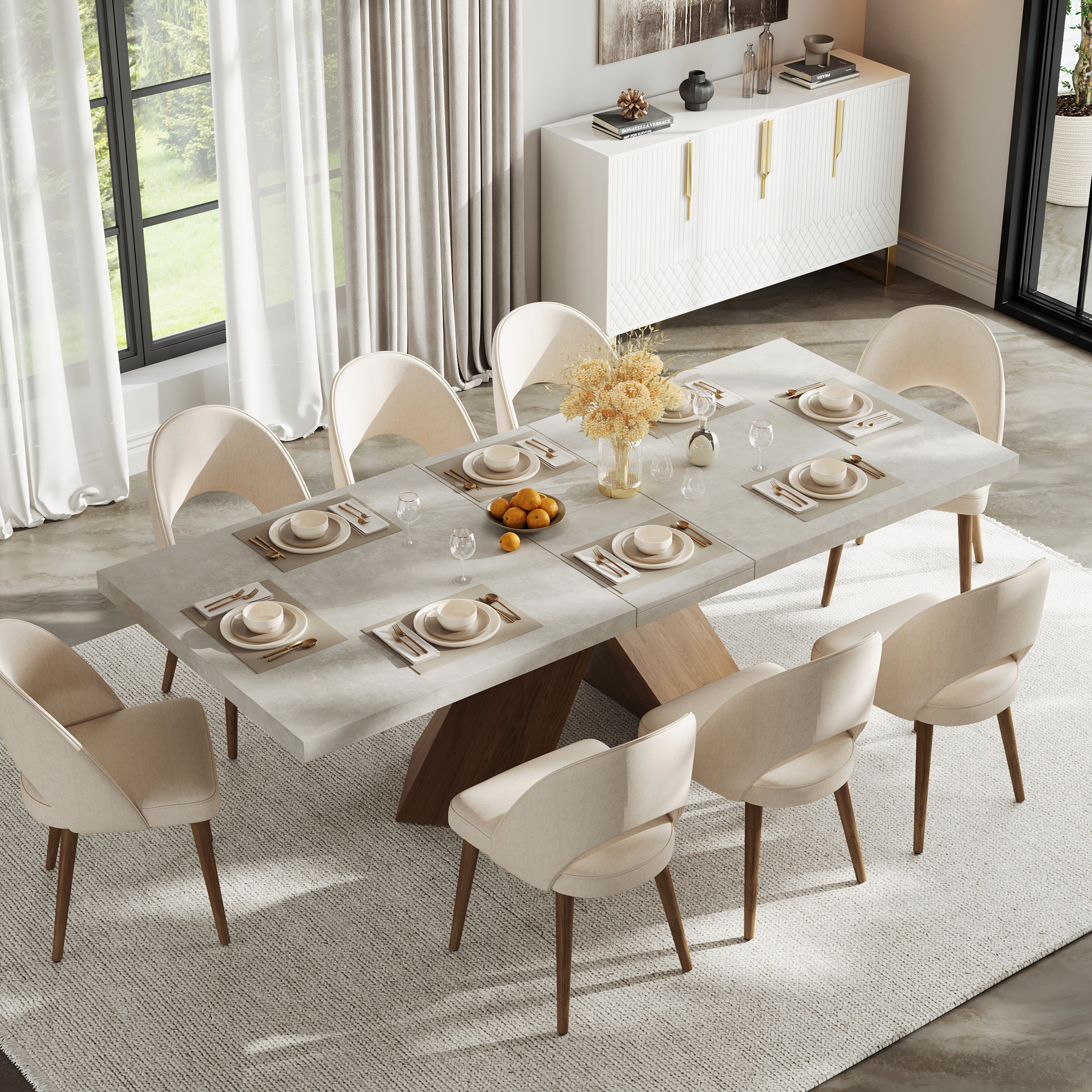 2000mm-2200mm Extendable Gray Dining Table & 8 Japandi Rattan Dining Chairs
