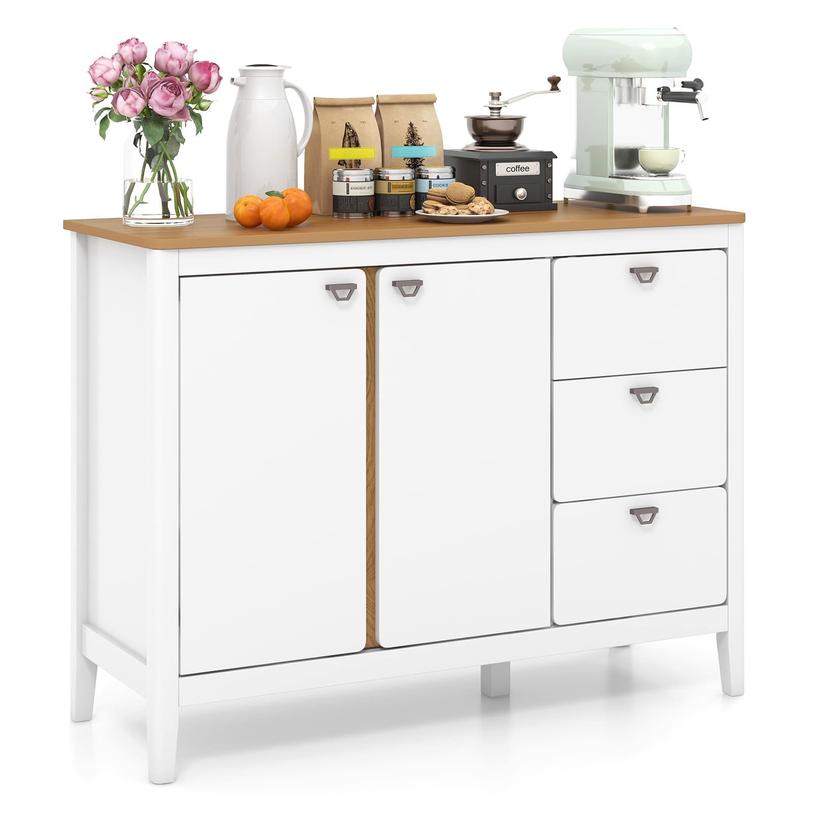 Costway Buffet Cabinet Wooden Kitchen Cupboard w/2 Door & 3 Pull-out Drawers in White