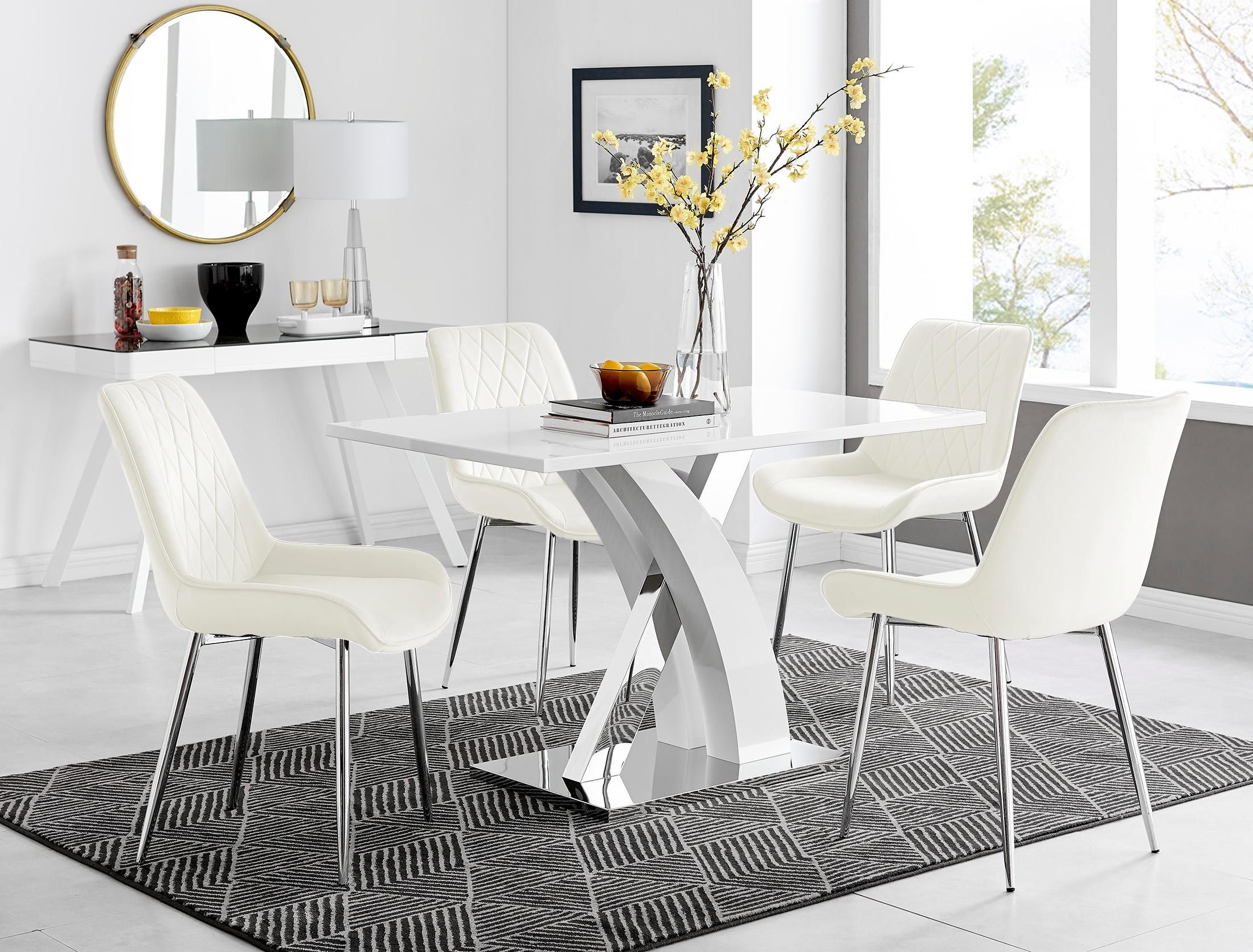 FurnitureboxUK Atlanta White High Gloss & Chrome 4 Seater Dining Table with X Shaped Legs & 4 Soft Velvet Pesaro Chairs in Cream