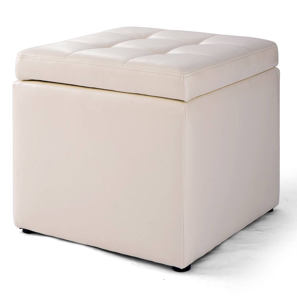 Costway Faux Leather Storage Ottoman Cube Pouffe Storage Toy Box Padded Foot Stool in Beige