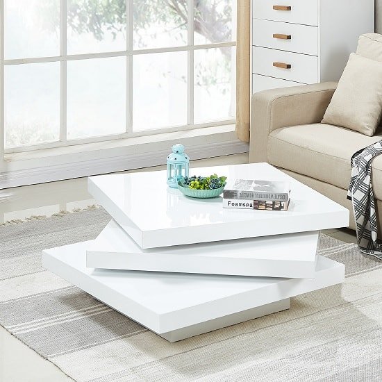 Triplo Gloss Square Rotating Coffee Table In White