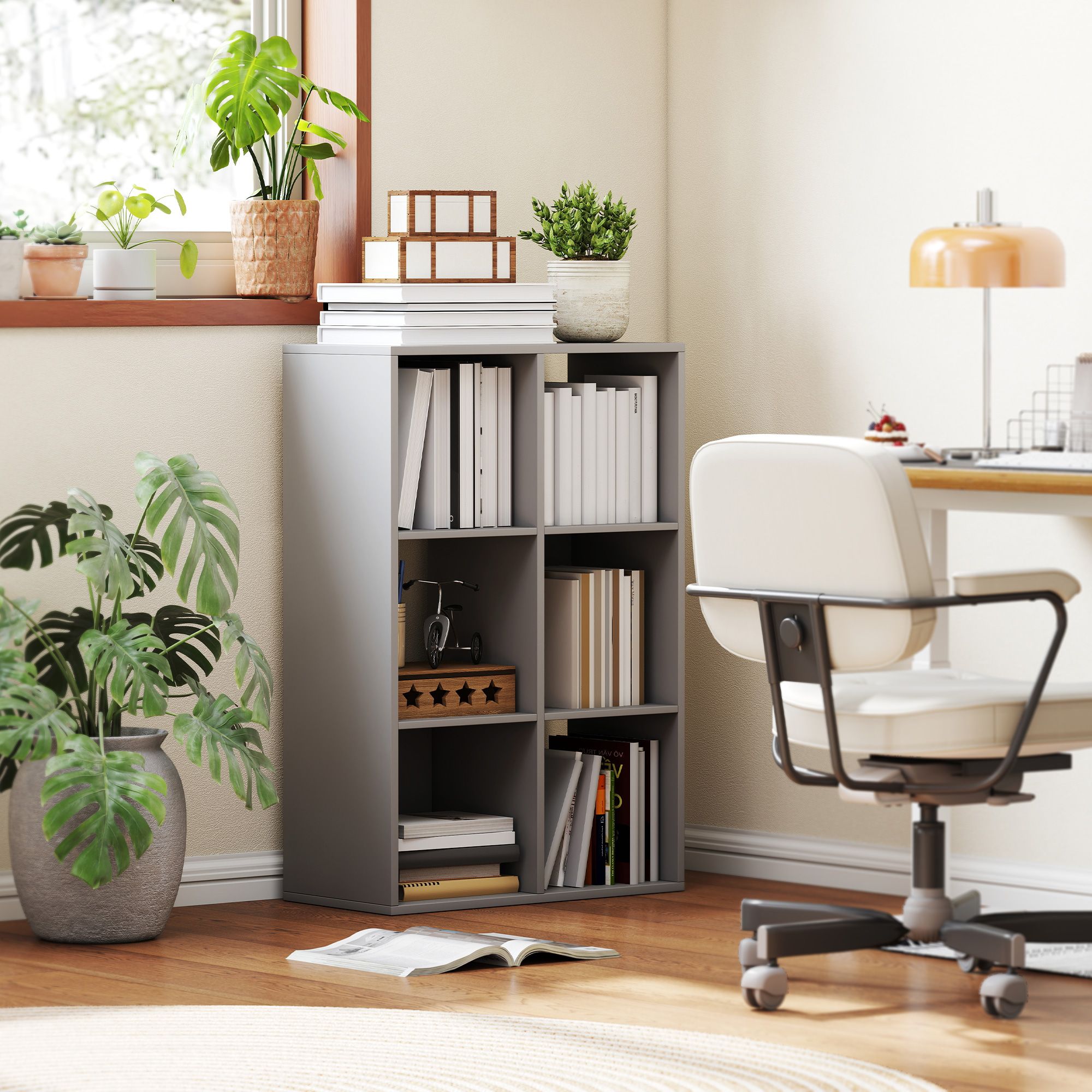 HOMCOM 6-Cube Bookshelf, Display Shelving Unit for Home Office, Light Grey