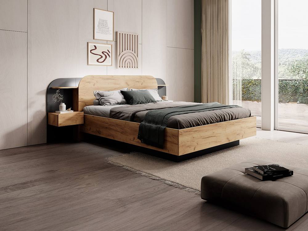 Vente-unique Bed With Bedside Tables 160 X 200 Cm - With Leds - Colours: Natural in Black