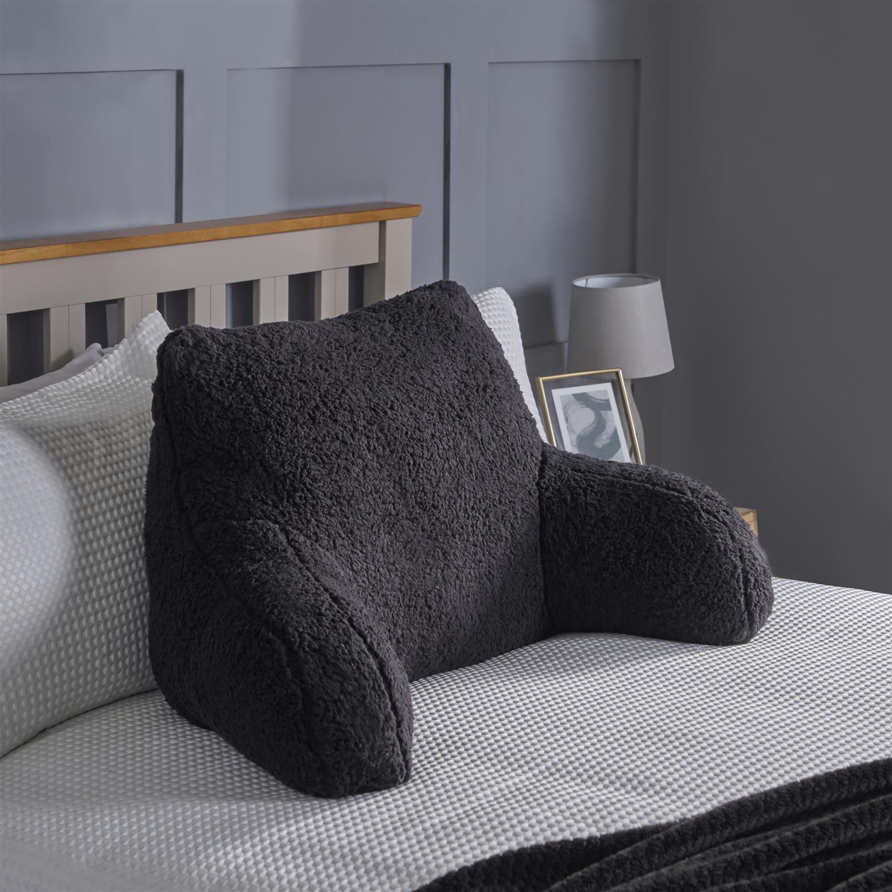 OHS Teddy Fleece Bed Reading Cushion Pillow with Arms Lumbar Support in Black