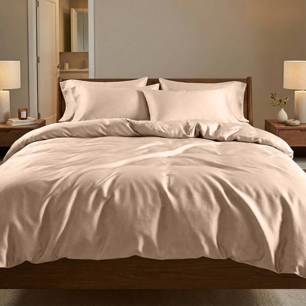 Bedable 100% Cotton Sateen Bedding Bundle 460 Thread Count - Duvet Cover + Fitted Sheet + 4 Pillowcases + Duvet + 4 Pillows in Beige