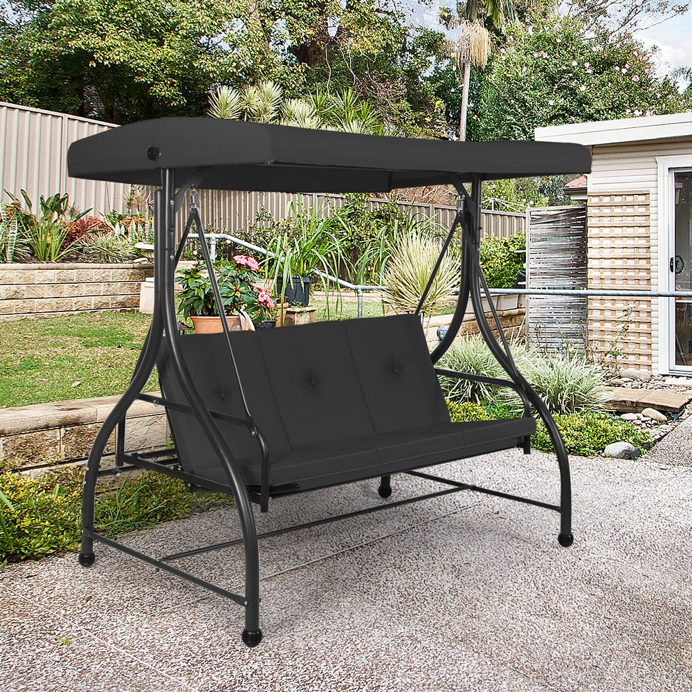 Costway Garden Patio Swing Chair 3 Seater Hammock Bench Convertible Canopy Cushion Seats in Black