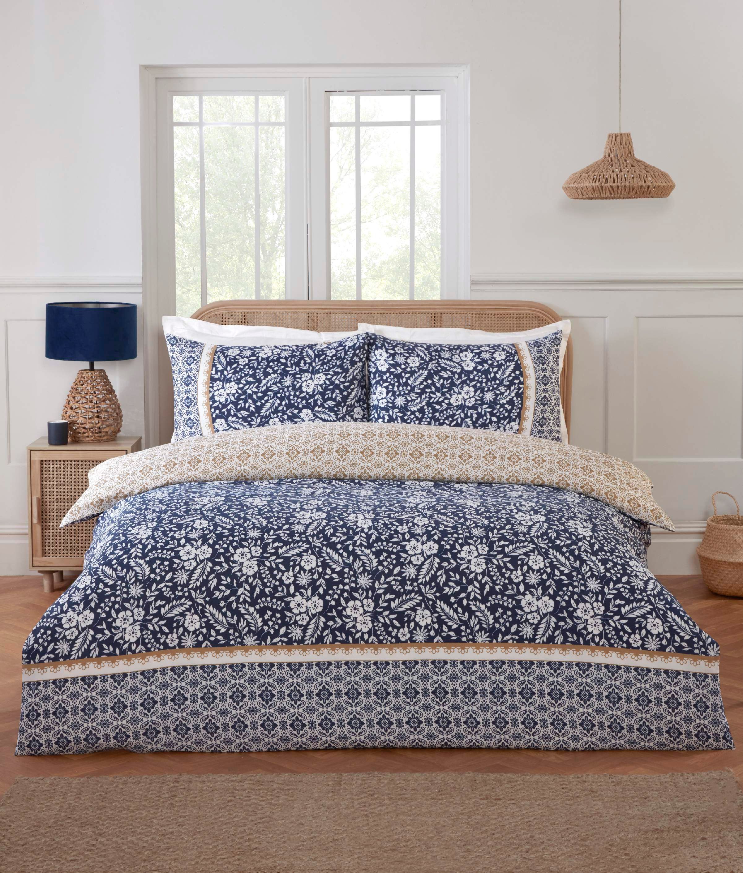 Rapport Home Eleanor Floral Geometric Reversible Duvet Cover Set with Pillowcase in Navy