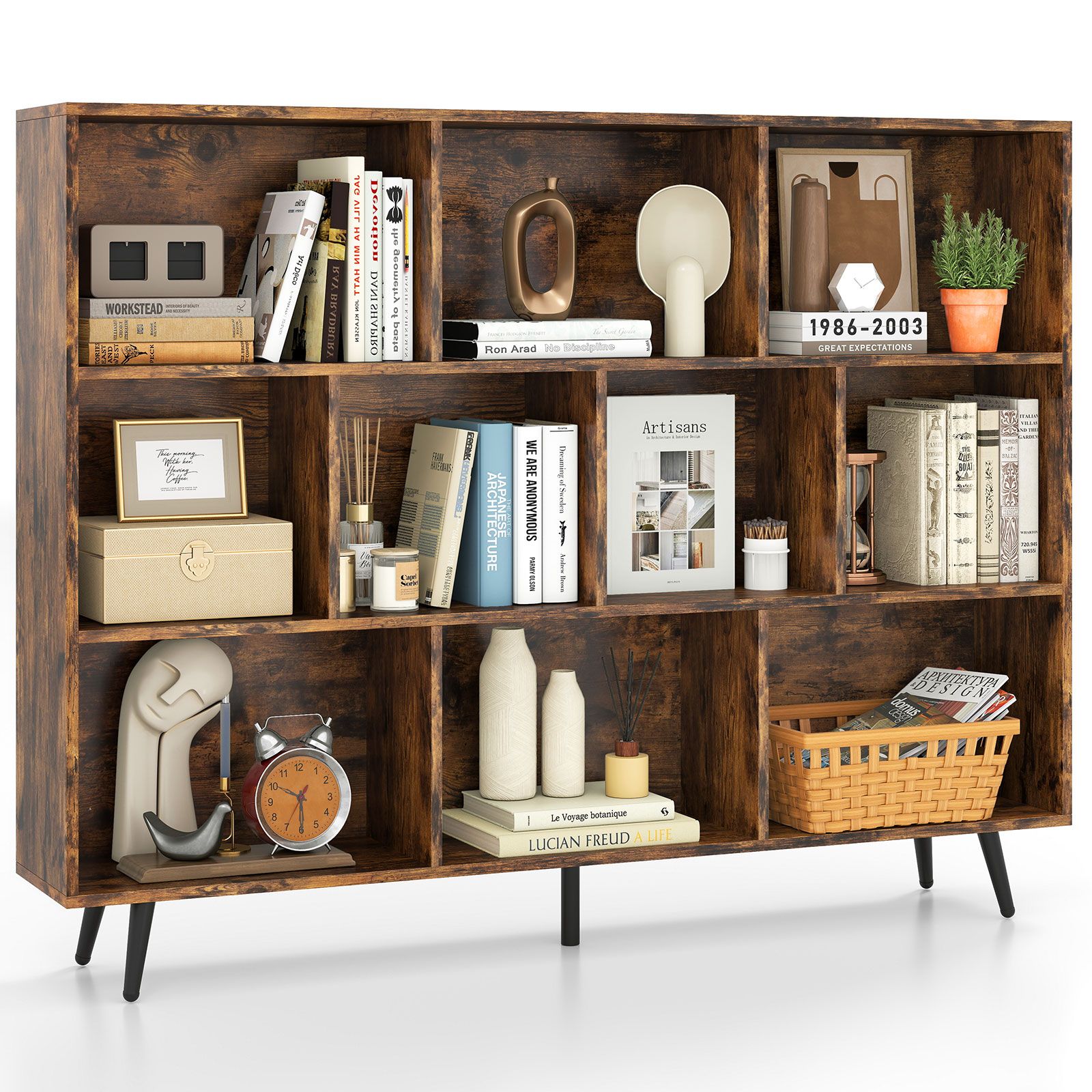 Costway 10-Cube Bookcase 140 CM Mid Century Modern Storage Organizer in Brown