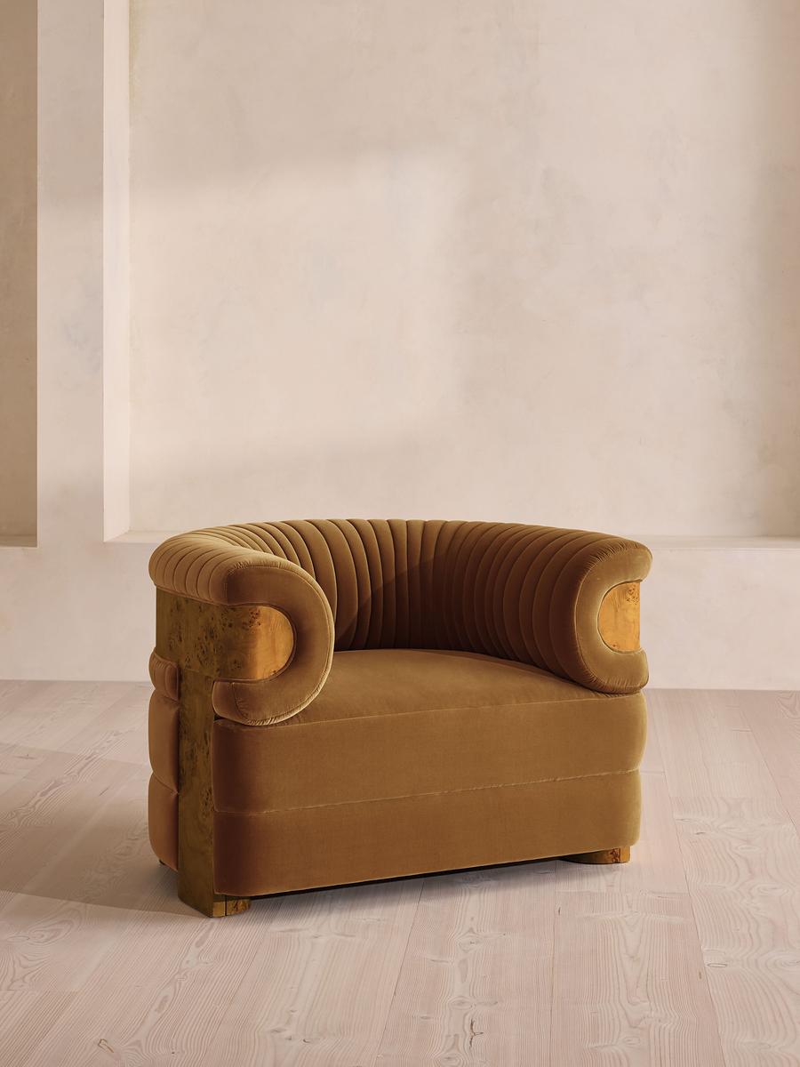 Caleb Armchair, Dark Burl, Velvet, Mustard