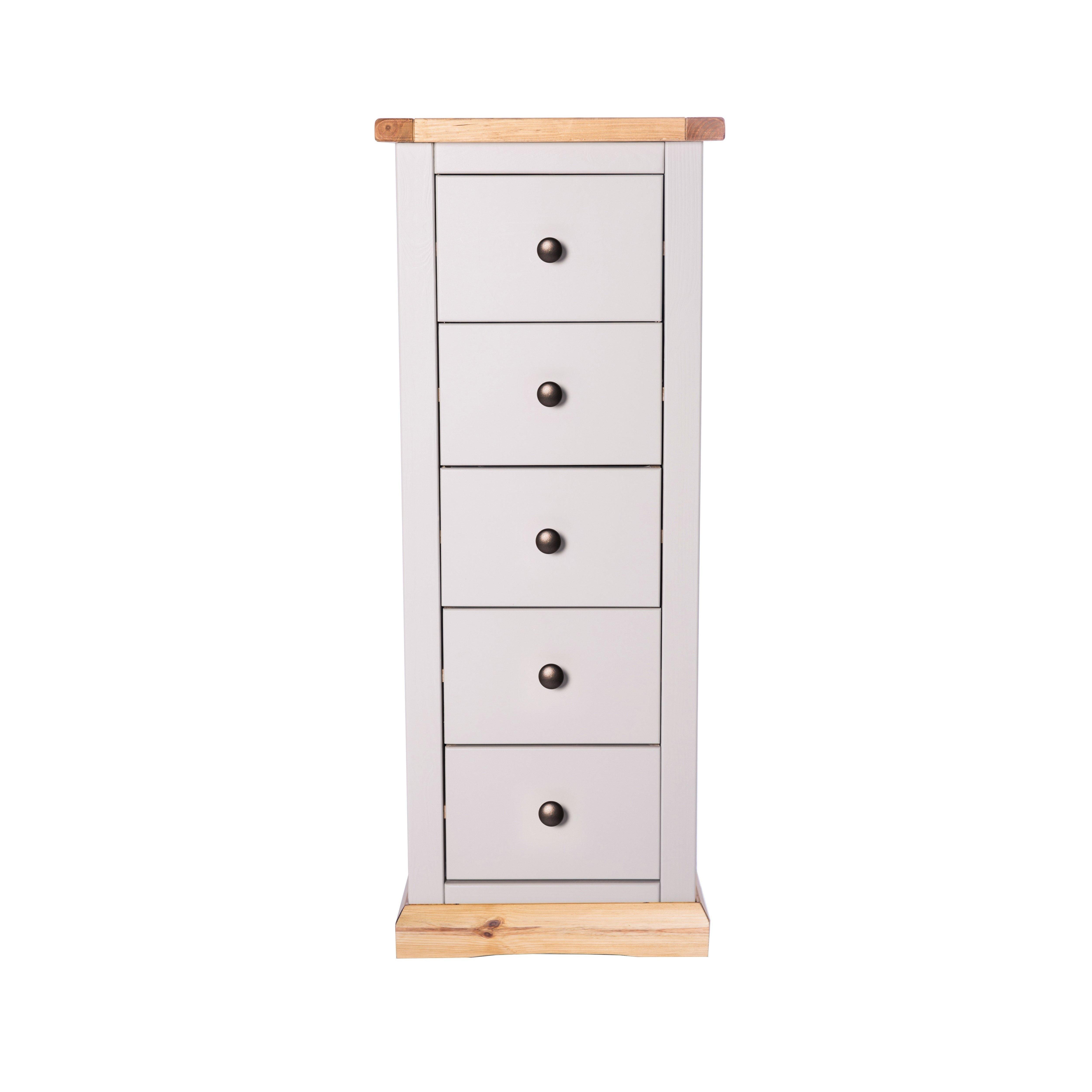 Cabinet Bits Bomporto 5 Drawer Narrow Chest of Drawers Brass Knob in Light Grey