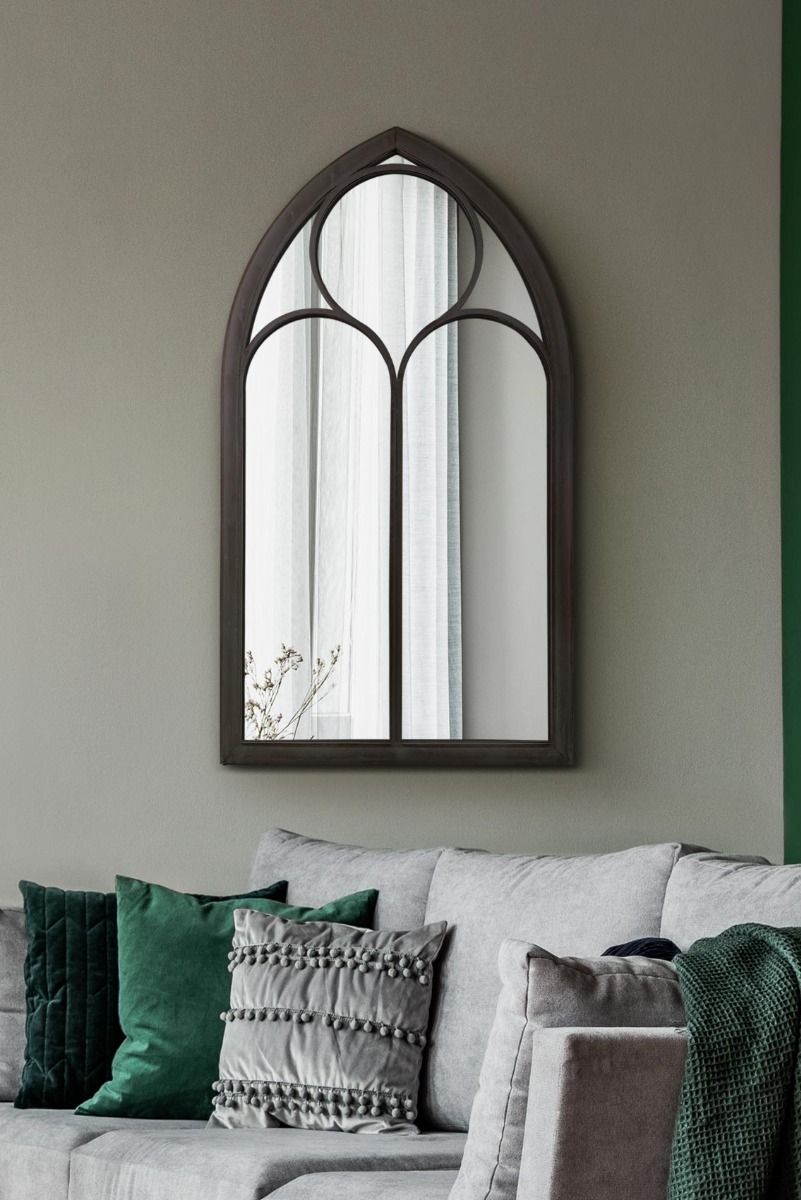 MirrorOutlet Rustic Black Metal Chapel Arched Wall Mirror 44" X 24" (111CM X 61CM)