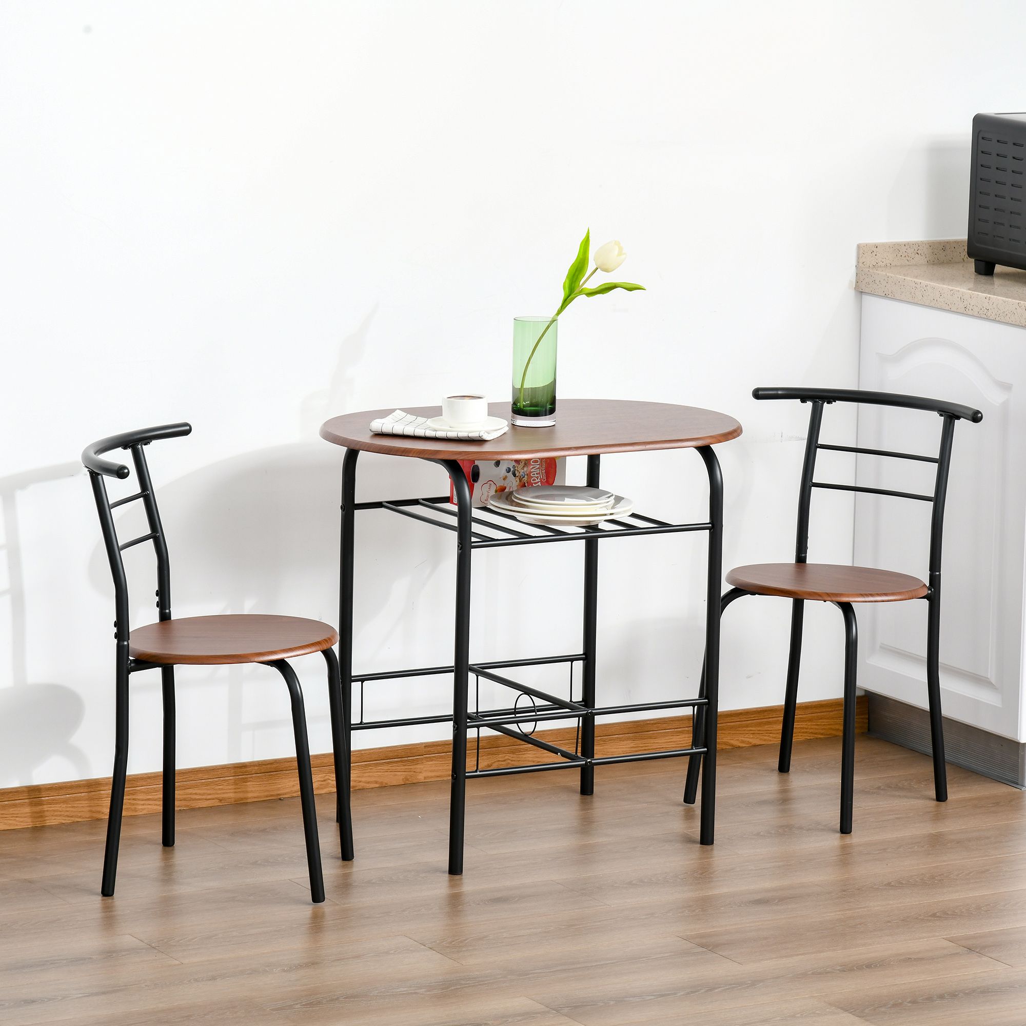 HOMCOM 3 Piece Bar Table Set 2 Stools Industrial Style Dining Room Storage in Light Brown