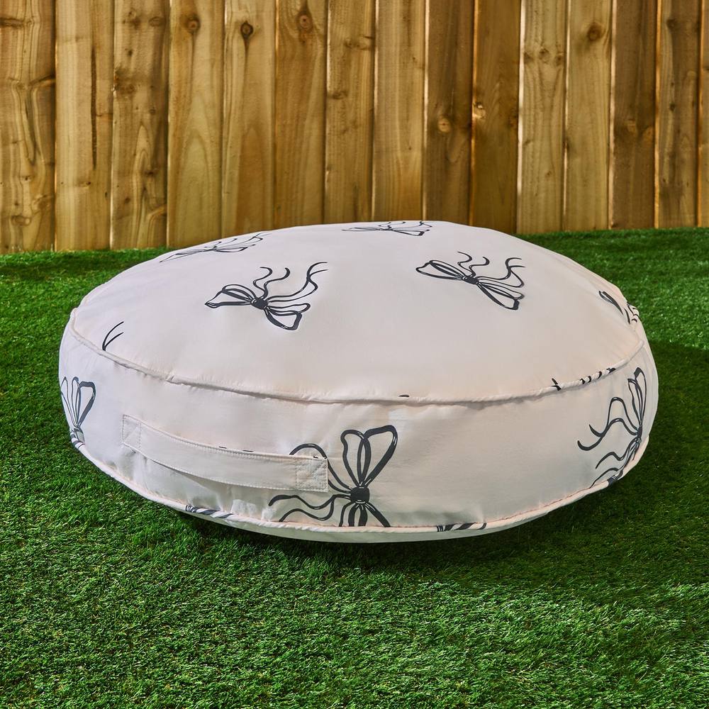 OHS Bows Print Round Outdoor Garden Cushion Water Resistant in Cream