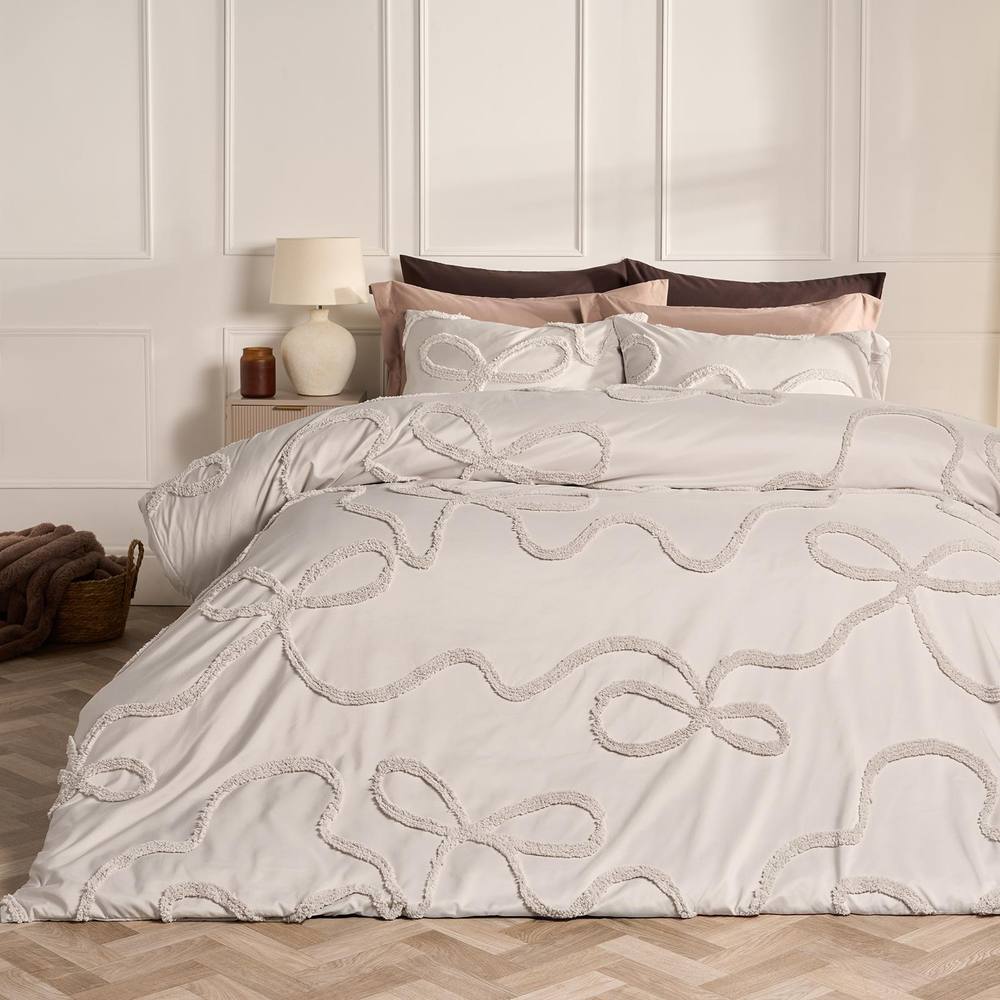OHS Tufted Bow Bedding Set Duvet Cover with Pillowcase in Stone