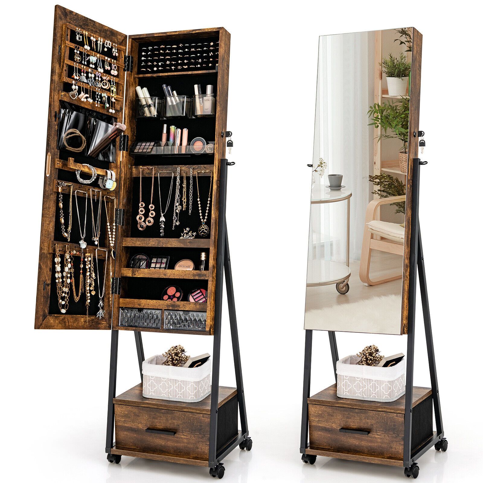 Costway Mobile Mirror Jewelry Cabinet Standing Makeup Organizer Jewelry Armoire w/ Lockable Door in Brown
