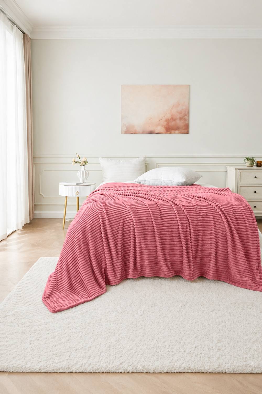Dyzi Large Supersoft Ribbed Jacquard Fleece Throw Blanket 200 x 240cm in Pink