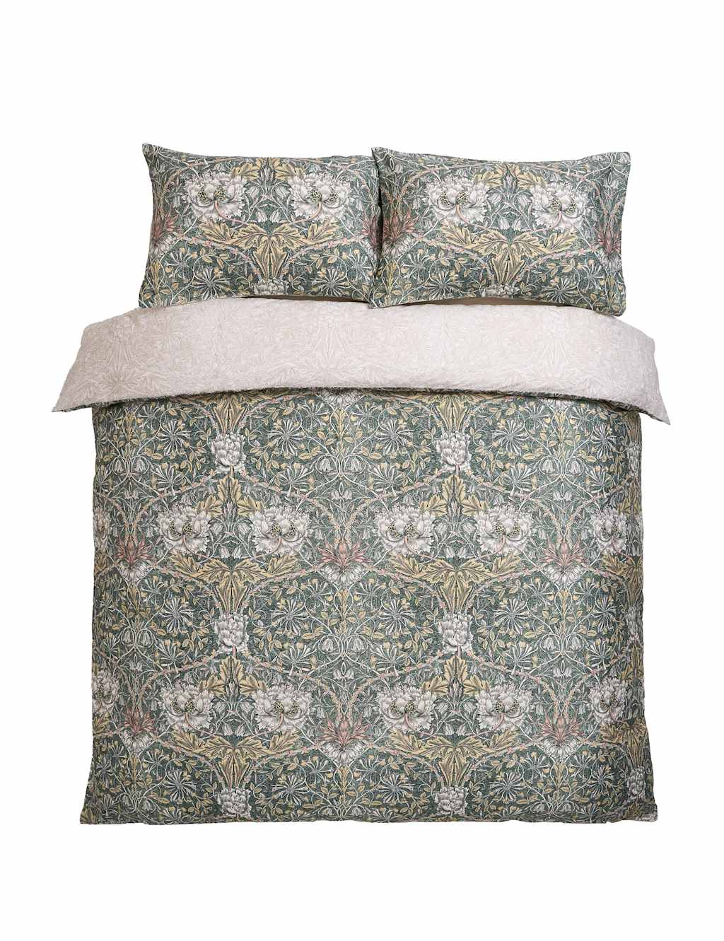 William Morris At Home Set of 2 Pure Cotton Honeysuckle & Tulip Pillowcases Green Mix