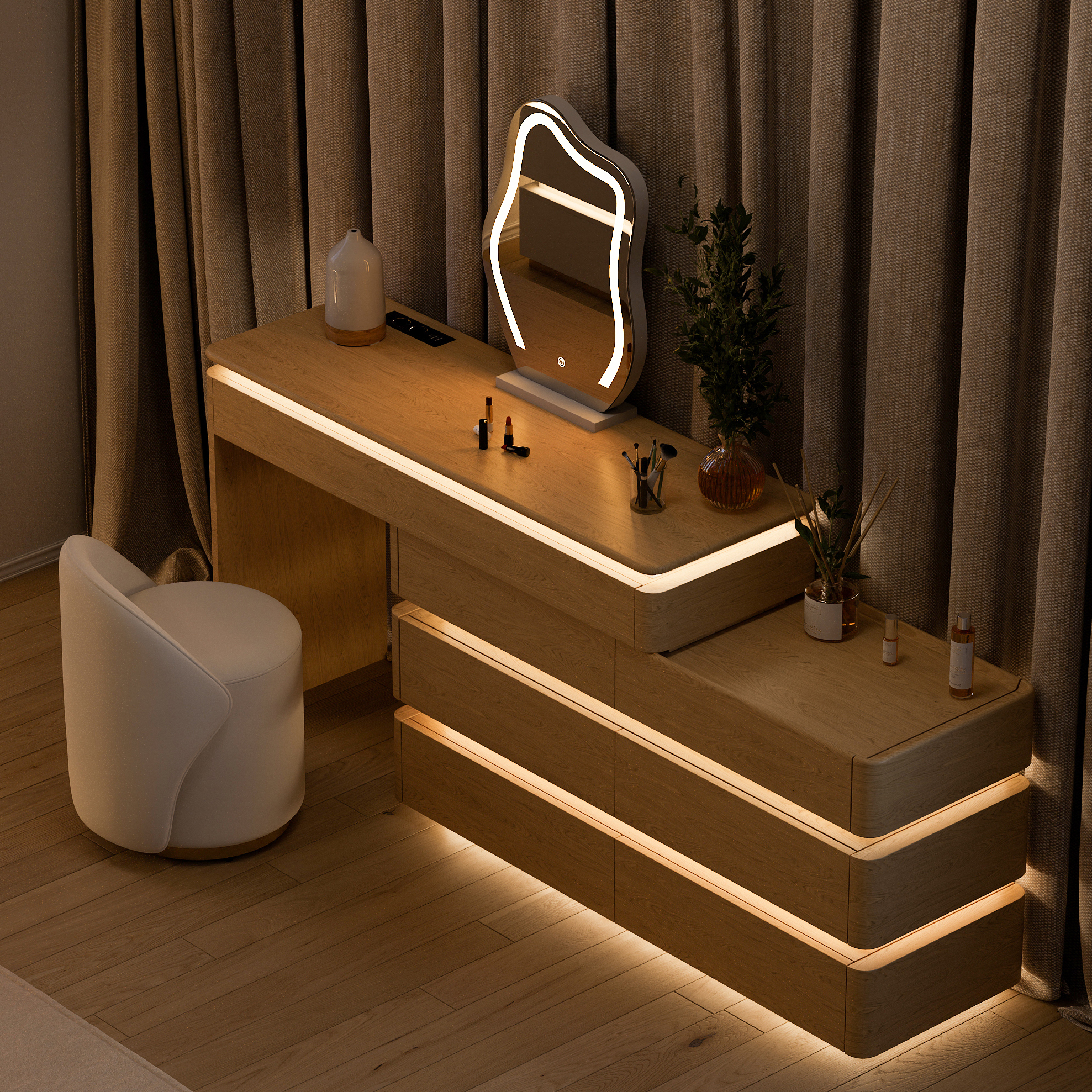 Retractable 120 cm Smart Dressing Table with Chair Dressing Table with Mirror & Lights
