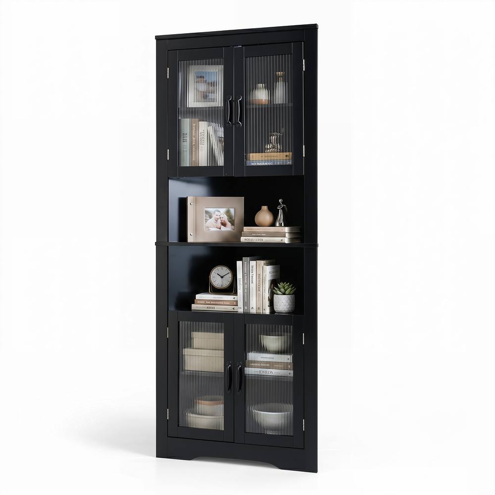 Costway 6-Tier Corner Storage Cabinet 170cm Tall Corner Hutch w/ 4 Glass Doors in Black