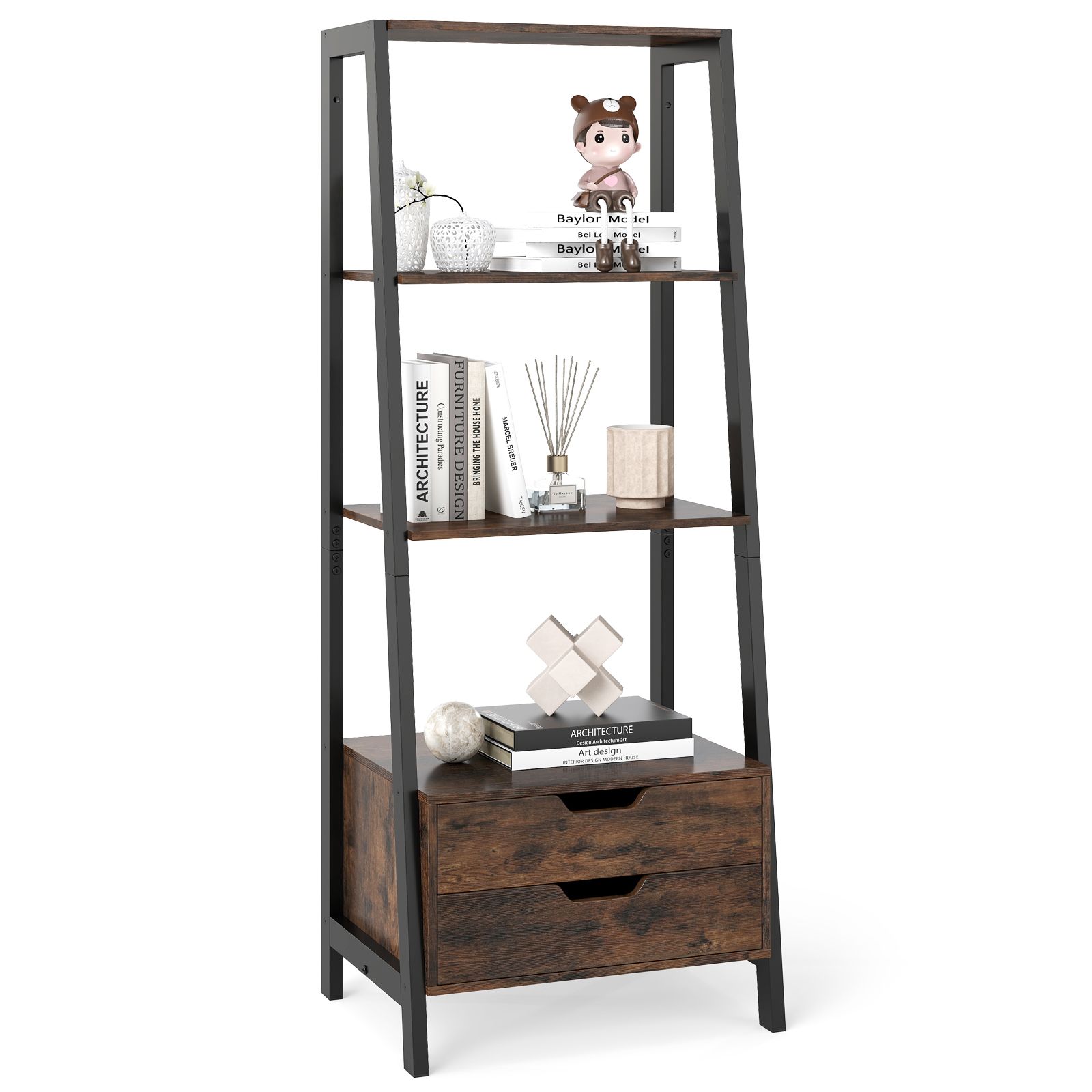 Costway Ladder Bookshelf Tall Freestanding Display Rack with Storage-White in Brown