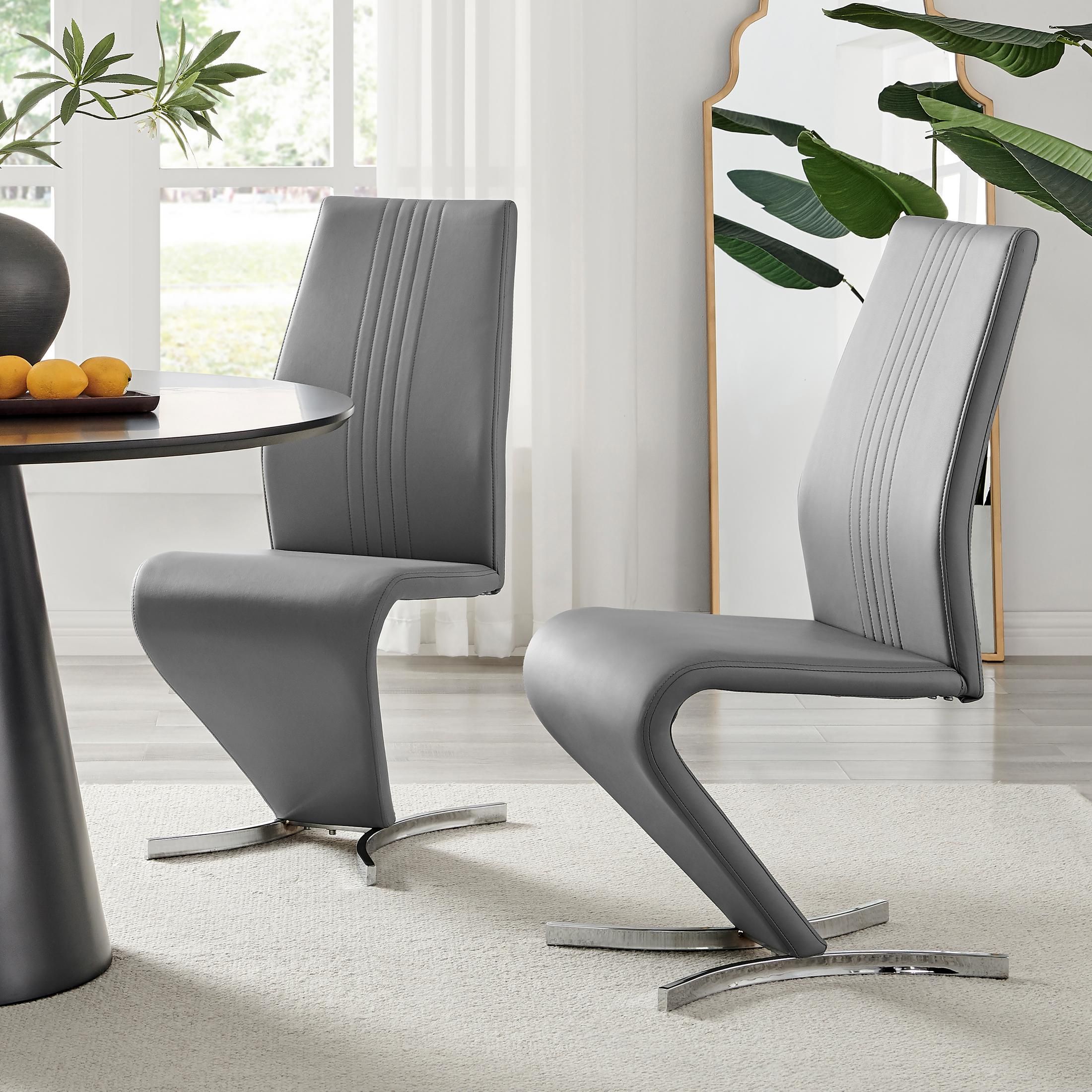 FurnitureboxUK Set of 2 Willow Contemporary Z Shaped Faux Leather Dining Chairs With Silver Chrome Metal Legs in Grey