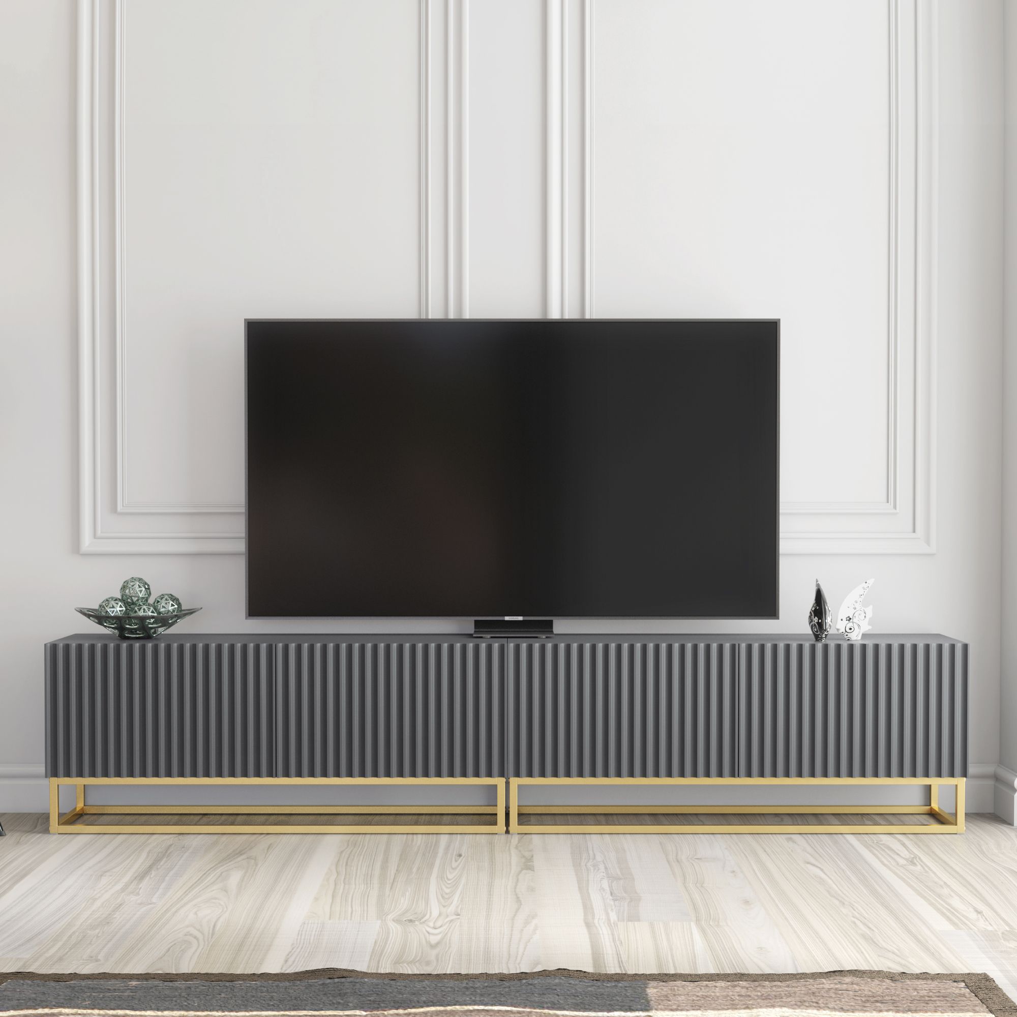 Creative Furniture Ripple Duo TV Unit 200cm - Modern Fluted Design with Push to Open Doors in Grey
